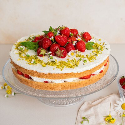 schwedische-midommar-erdbeertorte-biskuitböden-quarkcreme-erdbeeren-minzblätter-gänseblümchen-kuchenplatte-geschirrtuch