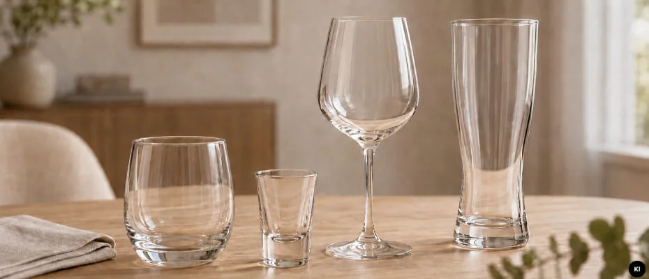Vier verschiedene Gläser auf einem Tisch