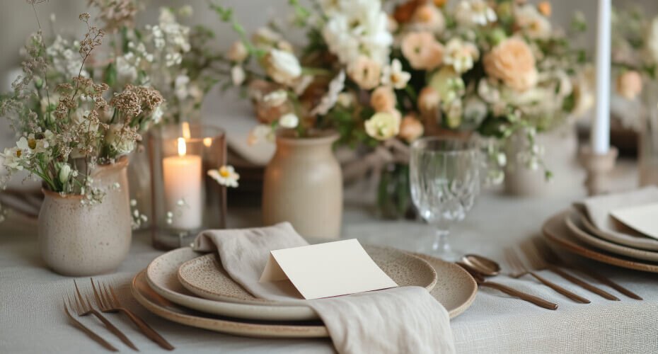Eine geschmückte Tafel mit modernem Hochzeitsgeschirr