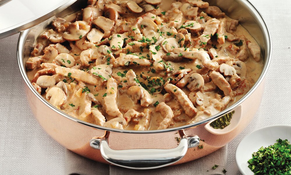 Kalbsgeschnetzeltes Zuercher Art Serie CULINOX Gourmettopf mit Deckel 28cm 1000x600px