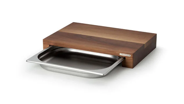 Schneidebrett Walnuss m. Edelstahl Schublade 39 x 27 x 6 cm