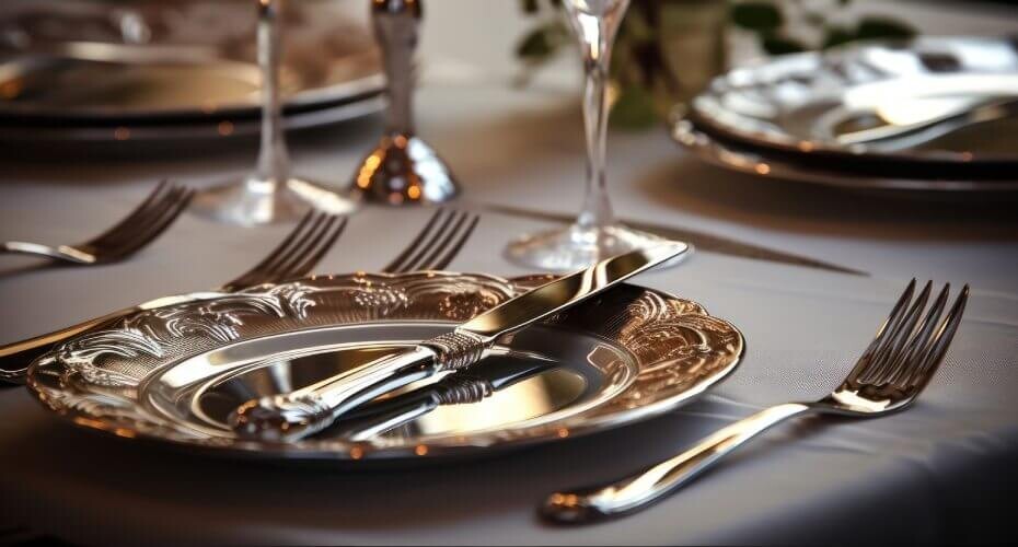 Ein silberner Teller auf einer Tafel