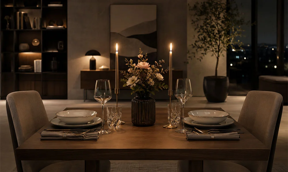 Eleganter, dimm beleuchteter Essbereich mit gedecktem Tisch, Blumenarrangement, Weingläsern und Kerzen in modernem Interieur.
