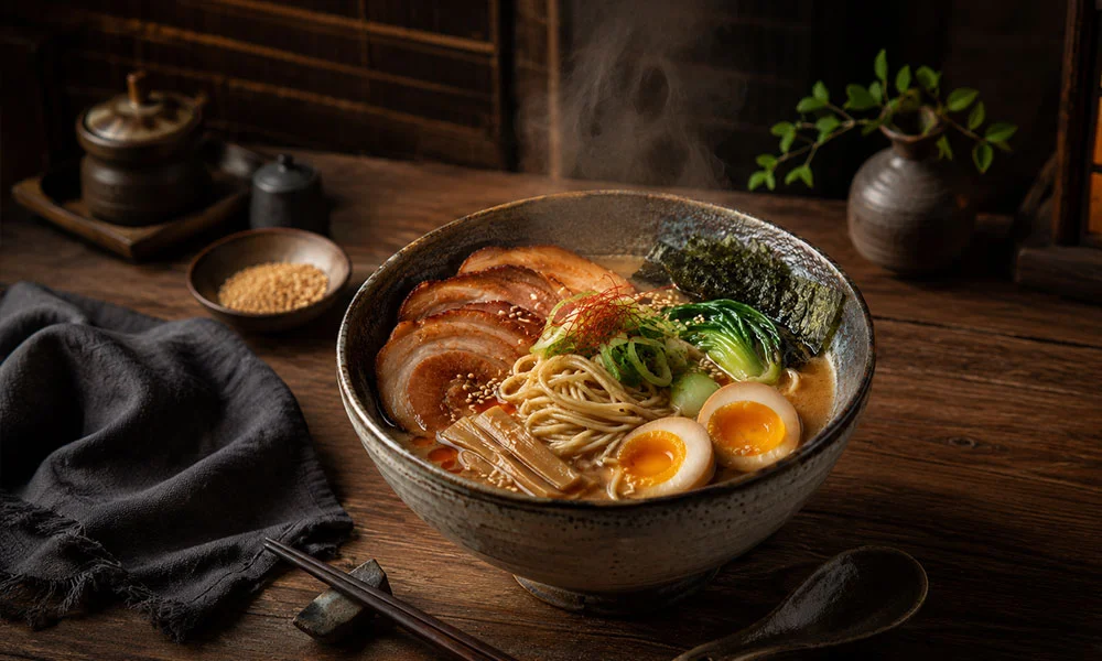 Schüssel mit Ramen, Eiern, Schweinefleisch, Pak Choi und Nori, auf Holz, gedämpft, mit Sojasauce und Sesam auf der Seite.