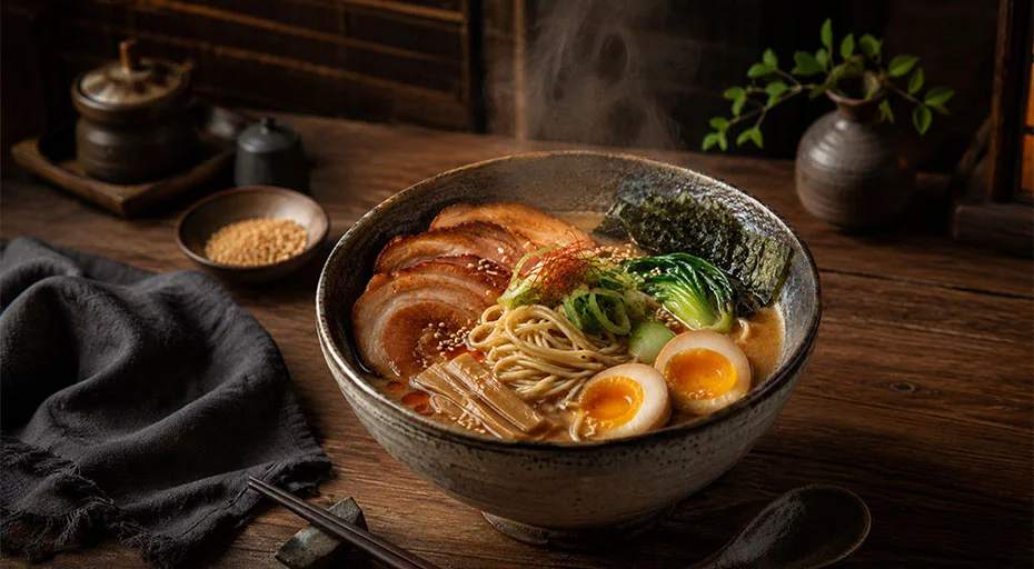 Schüssel mit Ramen, gekochtem Ei, Pak Choi, Schweinefleischscheiben und Nori in dampfender Brühe, serviert auf Holzuntergrund.