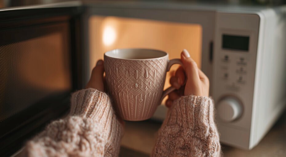 Eine Frau mit einer Tasse in der Hand und dahinter ist eine Mikrowelle