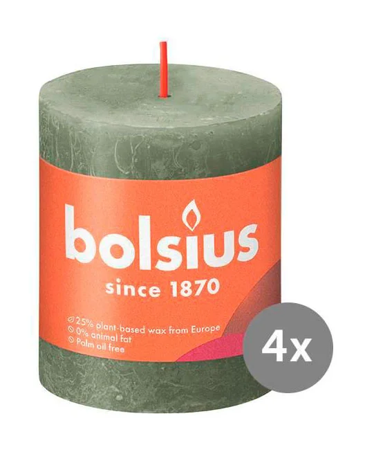 4er Pack Stumpenkerze 80/68 Rustik Shine olivengrün 70
