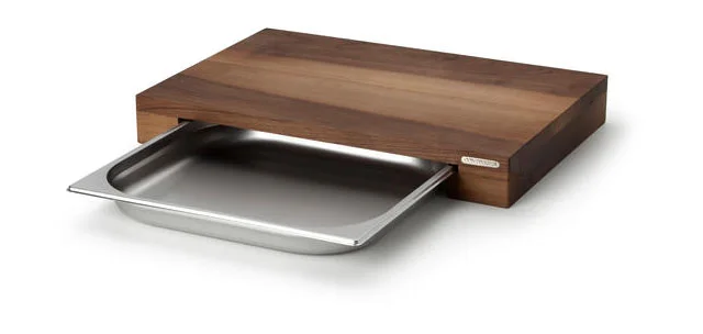 Schneidebrett Walnuss m. Edelstahl Schublade 48 x 32,5 x 6 cm