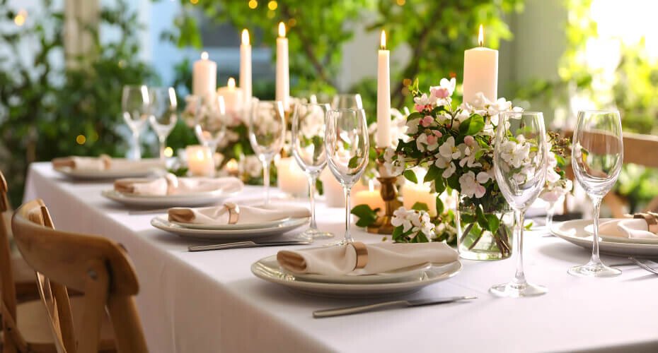 Eine geschmückte Tafel mit weißem Hochzeitsgeschirr