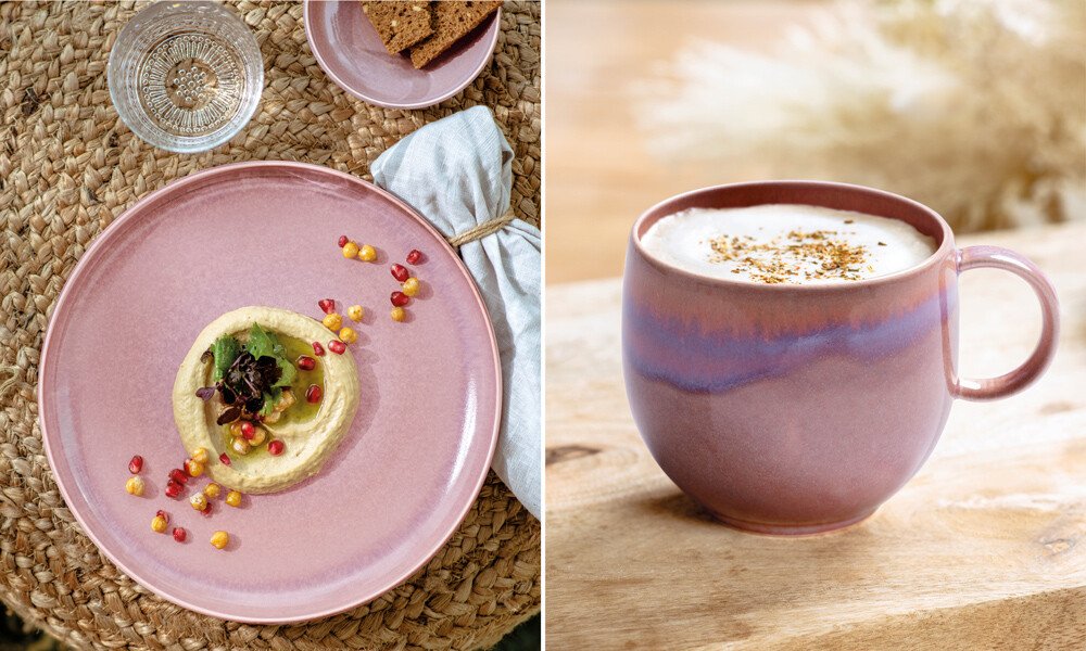 Villeroy &amp; Boch Geschirrkollektion Perlemor Coral Sommergeschirr Trendfarbe Kaffeetasse Boholook Potterystil tischwelt