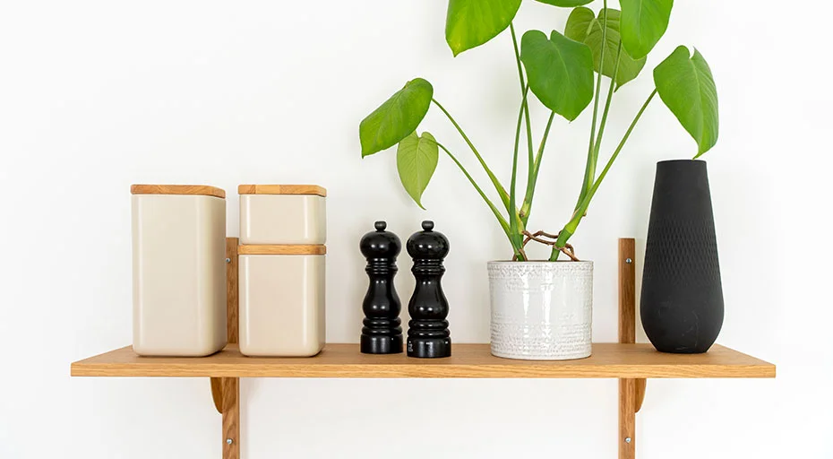 Continenta Vorratsdosen auf Regal mit Pflanze, Salz- und Pfeffermühle, und schwarzer Vase, auf weißer Wand.